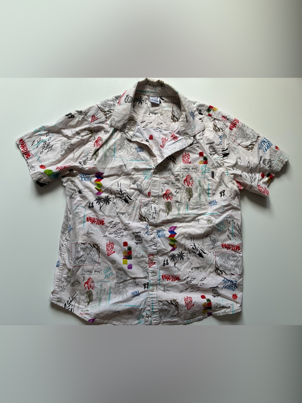 Hurley Button Up Shirt Mens XL White Multicolor Surf Graphic Casual Short Sleeve